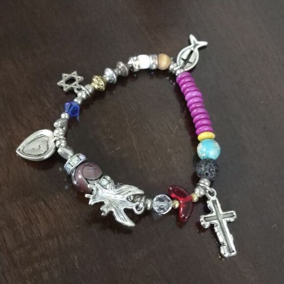 Women's Silvertone Coexist Charms with Multi Color Beaded Bracelet - Picture 4 of 7